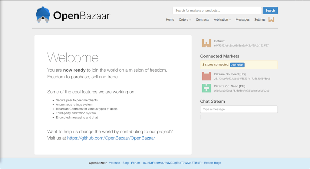 Homepage of the OpenBazaar Beta 1.0 marketplace.