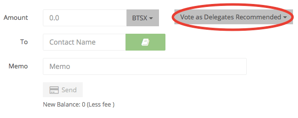 Figure 2. Screenshot of BitSharesX transaction with up-voting interface circled in red.