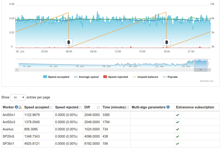 Example of detailed statistics of each connected seller's miner