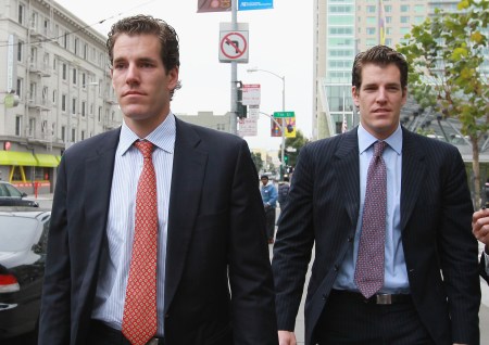 SAN FRANCISCO - JANUARY 11: Cameron (L) and Tyler Winklevoss leave the U.S. Court of Appeals on January 11, 2011 in San Francisco, California. Twin brothers and former Harvard University classmates Cameron and Tyler Winklevoss are requesting that a three-judge panel of the U.S. Court of Appeals in San Francisco to void a 2008 agreement to pay the twins $65 million citing that Facebook did not give an accurate valuation of its shares before agreeing to pay the settlement. (Photo by Justin Sullivan/Getty Images)