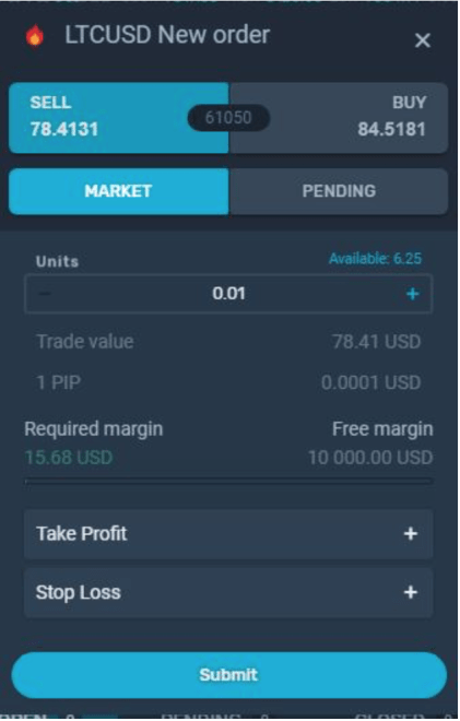 Here, you can see that you’d have to choose whether you want to open a “Buy” or “Sell” position. You can choose the amount that you want to engage the market with, the trade value as well as the required margin.