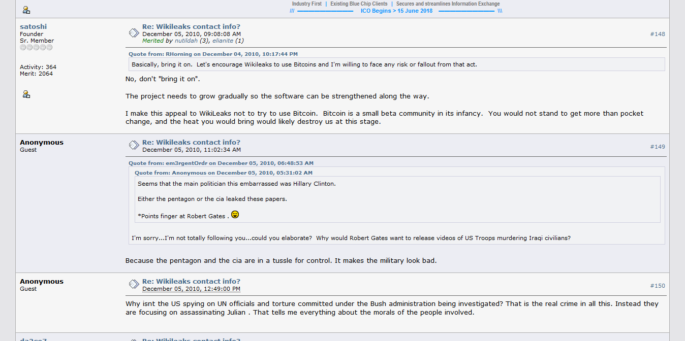 Satoshi Nakamoto on WikiLeaks Using bitcoin