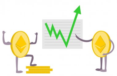 Picture of ethereum coin standing on other ETH coins, with a green upward arrow on a board