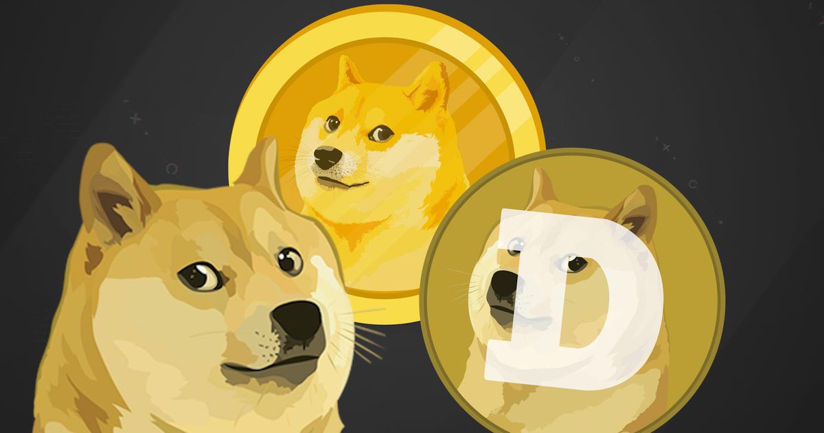 Picture of two Dogecoins next to a Shiba Inu dog breed