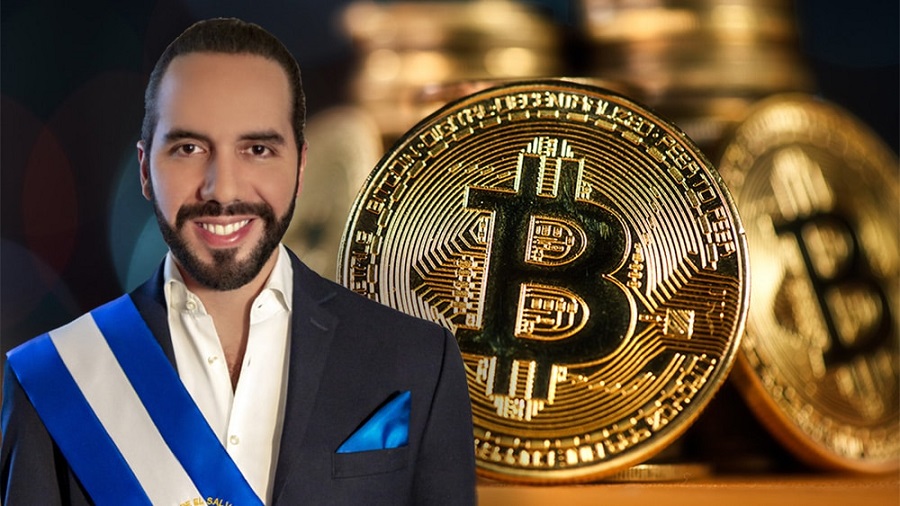 Picture of El Salvador president Nayib Bukele next to a gold bitcoin