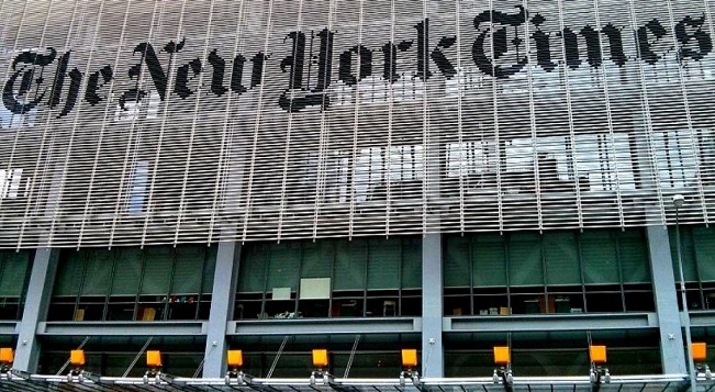 The New York Times building with a filter