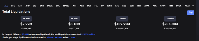 Data displaying total liquidations in the past 24 hours on major exchanges