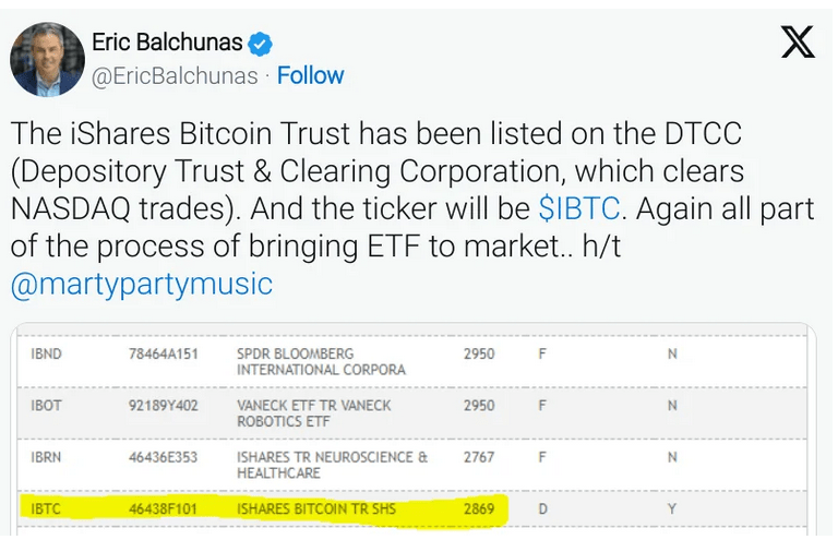 BlackRock Bitcoin ETF application on DTCC| Source: X on Reddit