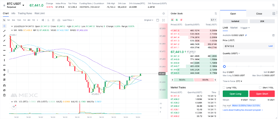 MEXC 1-second charting interface