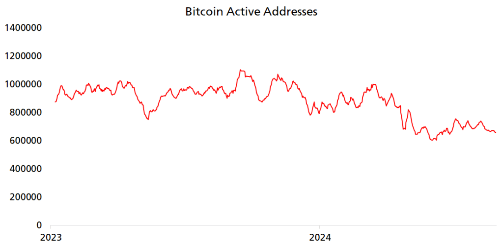 Bitcoin active addresses falling | Source: @nsquaredvalue via X