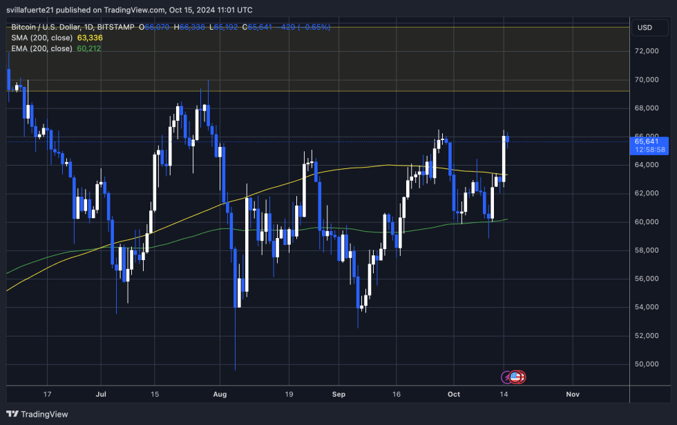 BTC is holding above the 1D 200 MA and is testing supply around $66K 