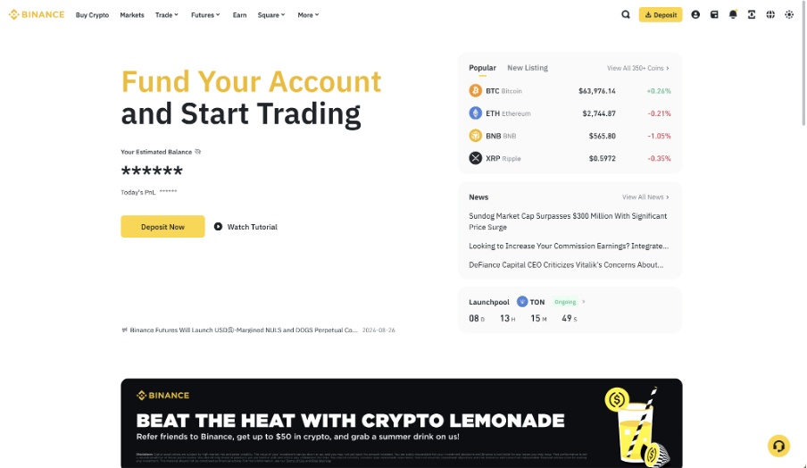 Binance homepage screenshot