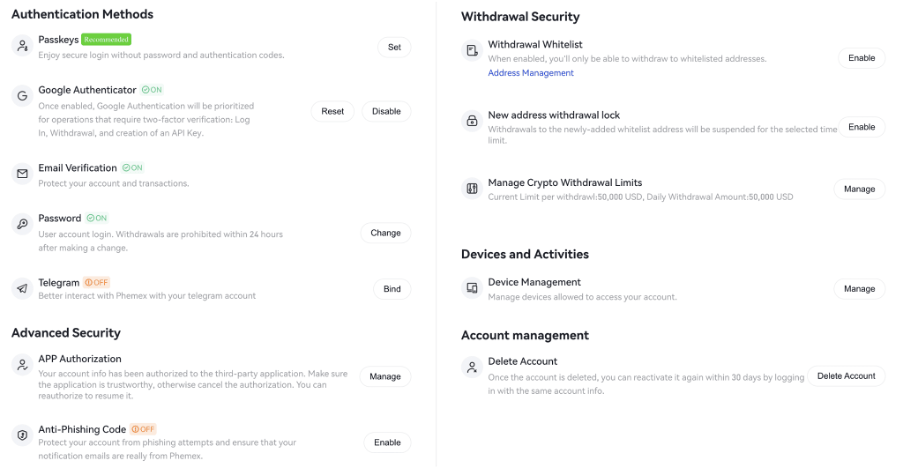 Phemex security page