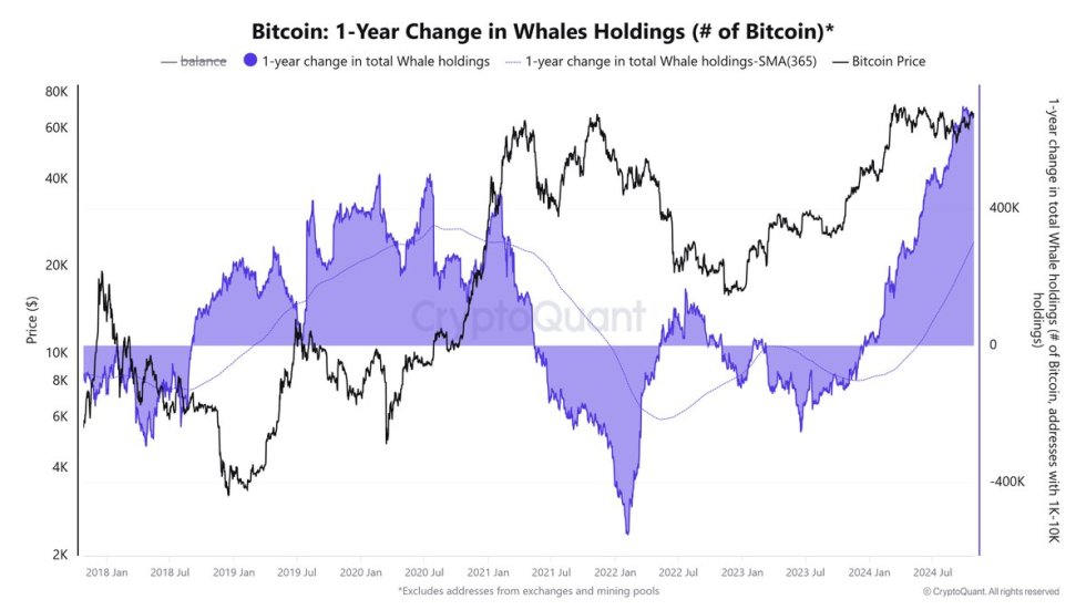 Bitcoin 1Y change 278K BTC flowed into U.S. spot ETFs (80% retail) vs. 670K BTC into whale wallets (1K+ BTC, excluding exchanges/mining pools)