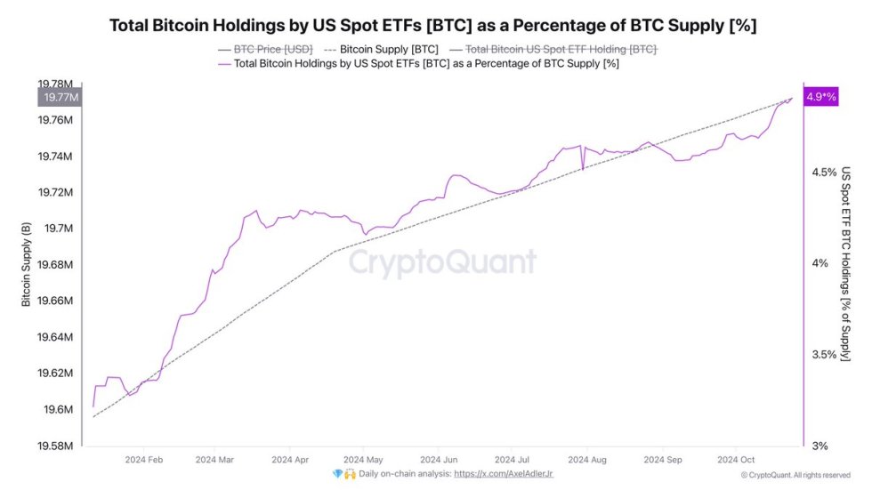 US Investors hold 4.9% of the total Bitcoin supply through spot ETFs