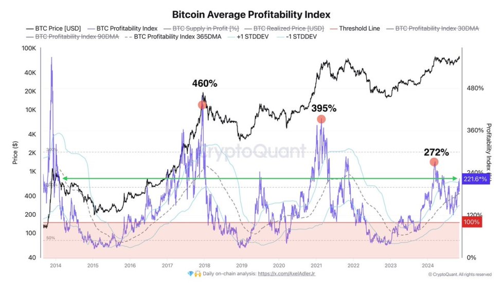 Bitcoin average profitability index hits 221%