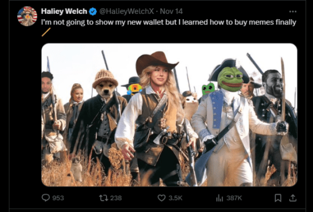 Show of support for memecoins from Haliey Welch