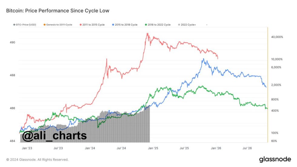 Bitcoin price performance in each cycle since its low 