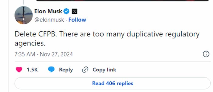 Elon Musk tweet on deleting CFPB, DOGE