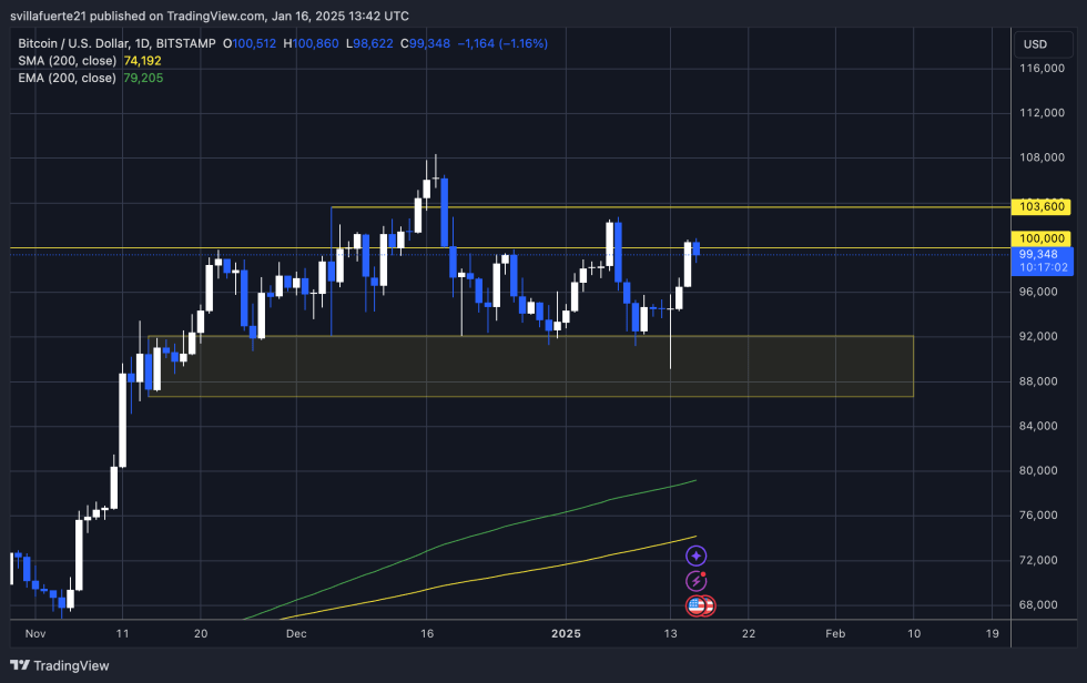 BTC consolidates below $100K | Source: BTCUSDT chart on TradingView