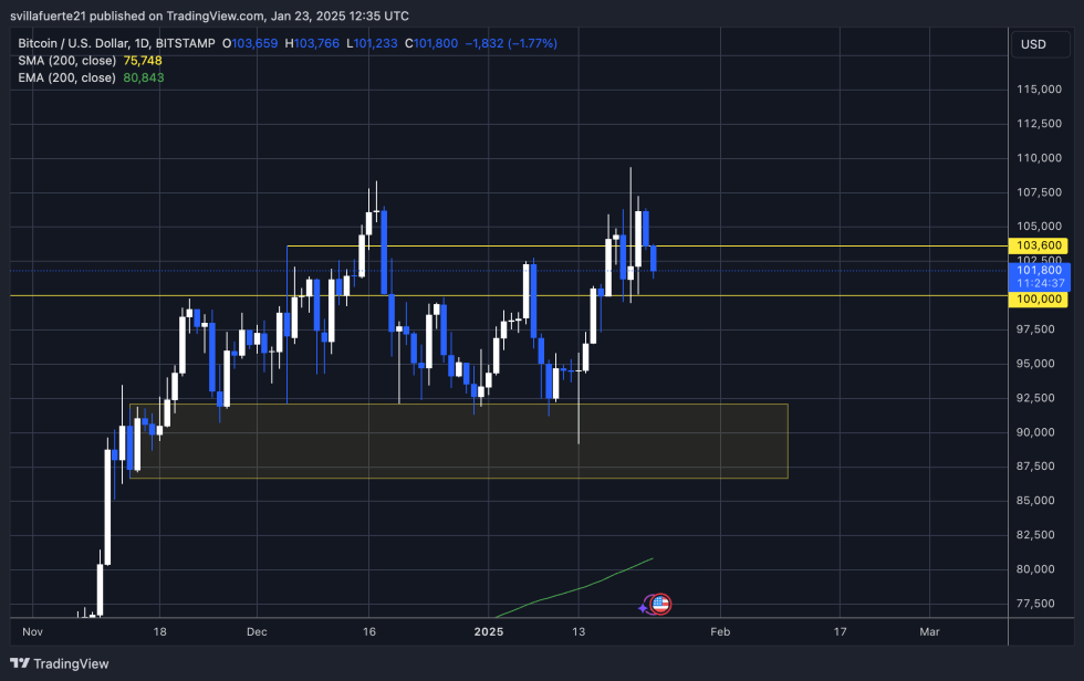 BTC testing crucial demand between $103K and $100K | Source: BTCUSDT chart on TradingView