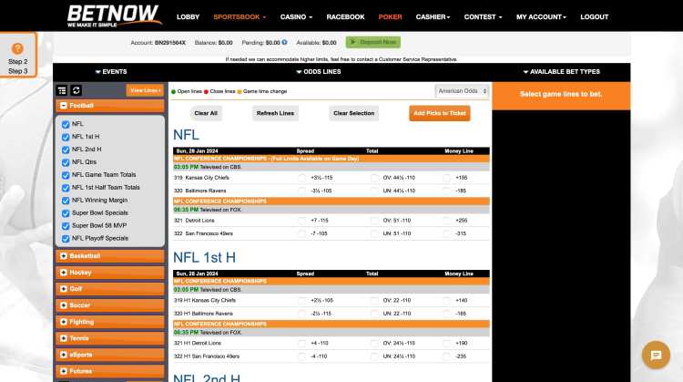 BetNow offshore gambling site - NFL odds