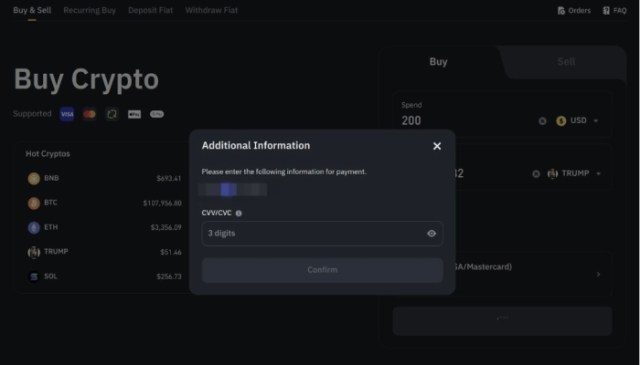 Binance checkout menu for debit card purchases