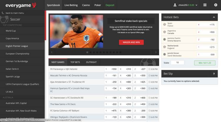 Homepage of Everygame sportsbook offshore