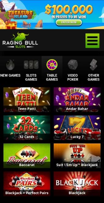 Raging Bull App showing the featured casino games