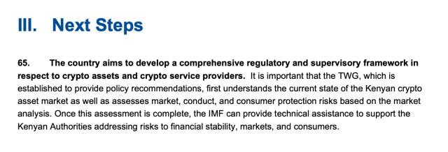 IMF statement on Kenyan Crypto regulations. 