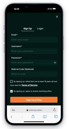 The Sign Up Page on TG.Casino
