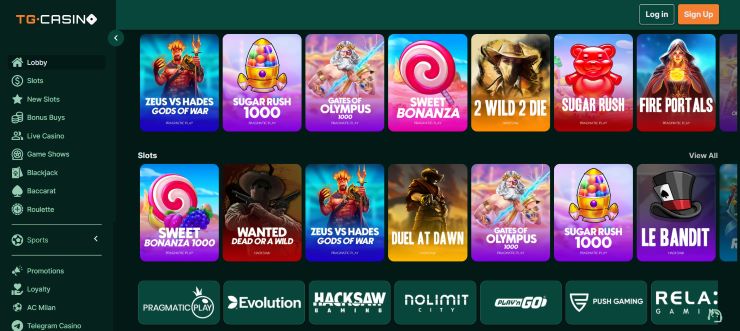 a snapshot TG Casino bitcoin gambling site's popular slots and game developers