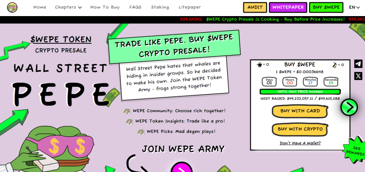 De bekende crypto presale van Wall Street Pepe