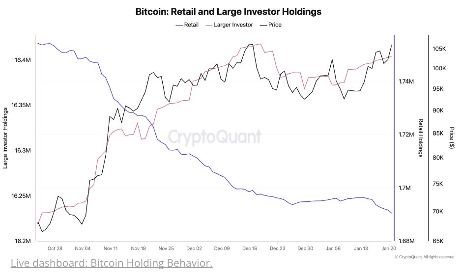 Bitcoin Retail and Large Investor Holdings | Source: CryptoQuant on X