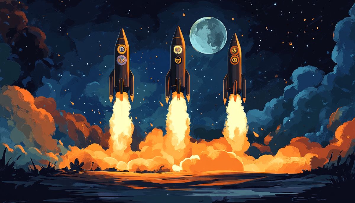 上昇する3つのロケットと仮想通貨のロゴが描かれた未来的なイラスト