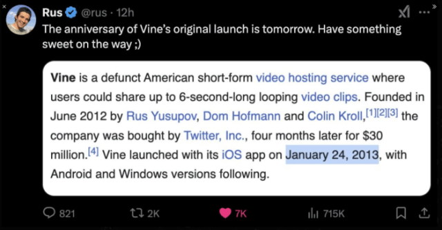 Rus Yusupov hints at Vine birthday annoucnement on X