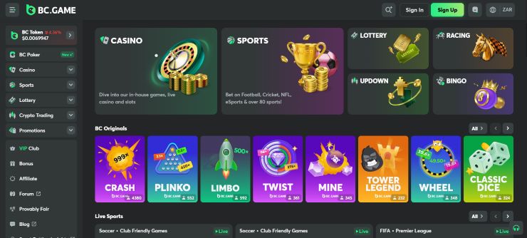 BC Game homepage featuring crypto promotions