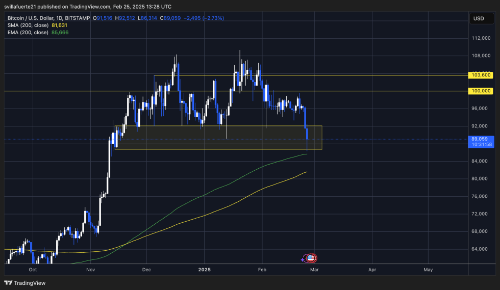 BTC tags the 200-day EMA | Source: BTCUSDT chart on TradingView