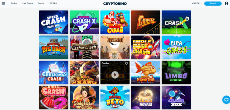 A screenshot showing the crash games at Cryptorino