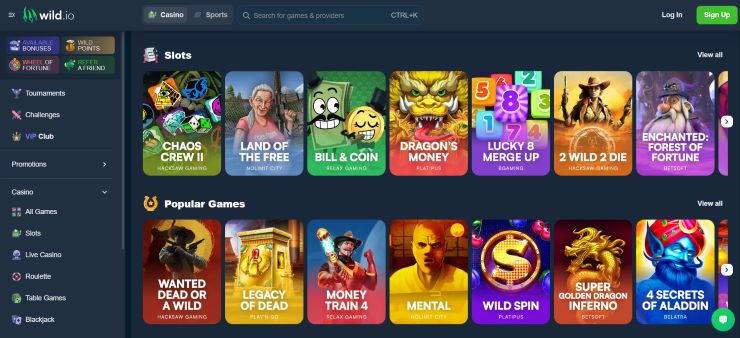 Wild io Bitcoin casino games as seen on homepage