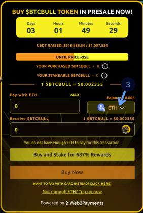 Selecting a payment method in the $BTCBULL presale