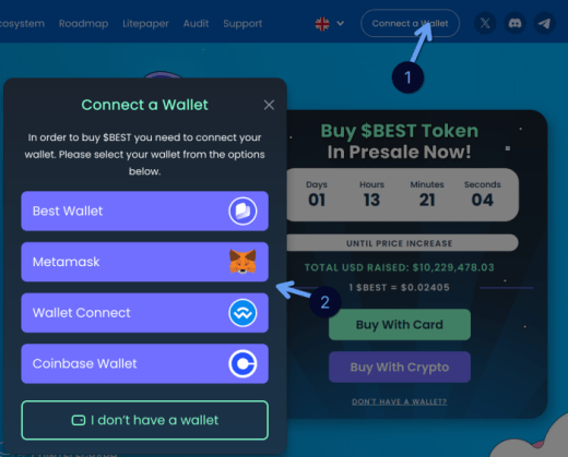 Connecting a wallet to Best Wallet Token presale