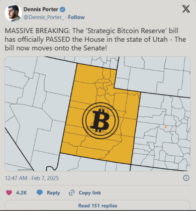 Dennis Porter announces Utah strategic BTC reserve