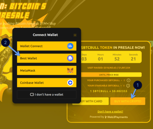 Selecting a wallet on the $BTCBULL presale