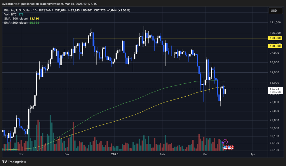 BTC trading below the 200-day MA & EMA | Source: BTCUSDT chart on TradingView