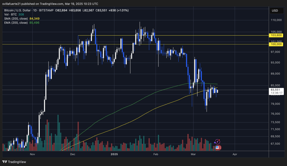 BTC struggling below the 200-day MA | Source: BTCUSDT chart on TradingView