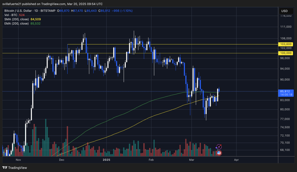 BTC trading above the 200-day MA & EMA | Source: BTCUSDT chart on TradingView