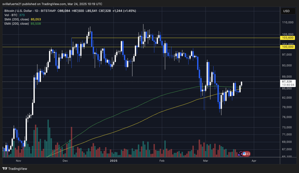 BTC holding above the 200-day MA & EMA | Source: BTCUSDT chart on TradingView