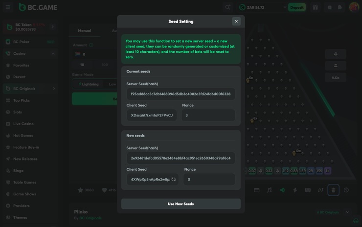 The Plinko Crypto Server Seed Settings at BC-Game