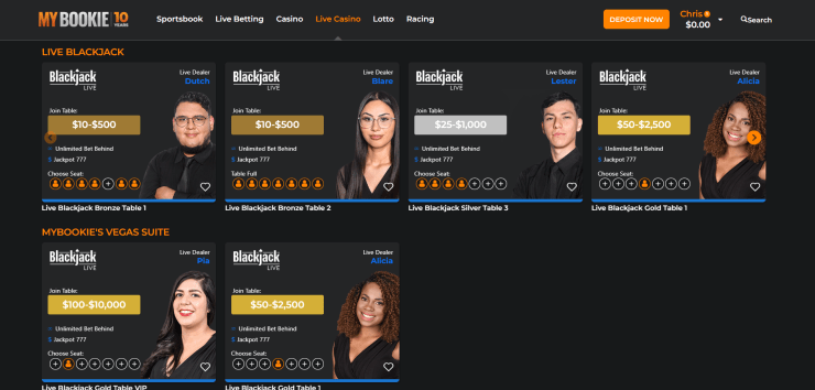 A view of MyBookie's live casino